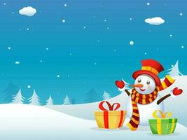 boneco de neve vestindo chapéu, luvas, cachecol com presente caixas e natal árvores em azul e branco queda de neve fundo para Natal e Novo ano celebração. vetor