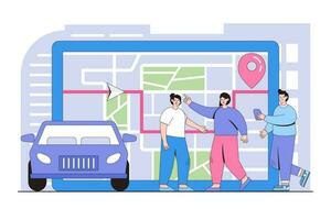 vetor ilustração do procurar índice em navegação, pegue instruções mapa em tábua, GPS em cidade mapa, conectados carro aluguel com pessoas personagens