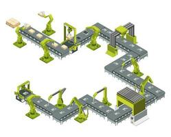 automático fábrica com transportador linha e robótico braços. montagem processo. vetor ilustração