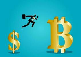 homem de negocios saltos a partir de pequeno dólar símbolo para ampla bitcoin símbolo vetor