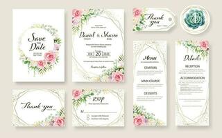 floral Casamento convite cartão, Salve  a data, obrigado você, de RSVP, mesa rótulo, tage modelo. vetor. rosa flor, suculento, vegetação plantas. vetor