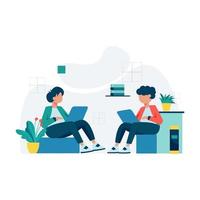 freelancers trabalham e discutem em ilustração vetorial de espaço de coworking vetor