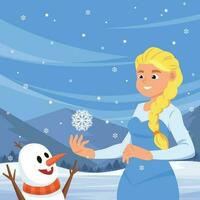 menina e boneco de neve fundo vetor