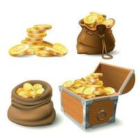 dourado moedas pilhas. moeda dentro velho saco, ampla ouro pilha e peito vetor