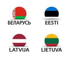 bielorrússia, estônia, letônia e lituânia, conjunto de quatro, bielorrusso, estônio, letão e, lituano, adesivos ícones simples com bandeiras isoladas em um fundo branco vetor