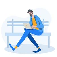 um jovem está sentado na rua em um banco com um laptop, o trabalho freelance de tecnologia de processo e ilustração vetorial de negócios em estilo simples vetor