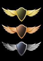conjunto de asas e escudos ouro bronze prata emblemas vetor
