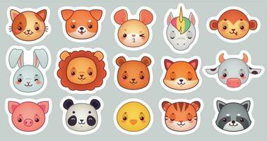 animais face adesivos. fofa animal rostos, kawaii engraçado emoji adesivo ou avatar. desenho animado vetor ilustração conjunto