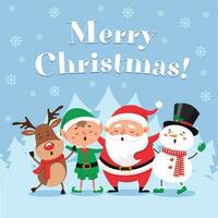 fofa Natal cumprimento cartão. cantando santa Papai Noel, engraçado boneco de neve e natal duende em inverno neve festa vetor ilustração