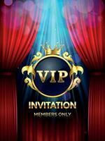 Prêmio convite cartão. vip festa convite com dourado coroa e aberto vermelho cortinas. grande abertura bandeira vetor modelo