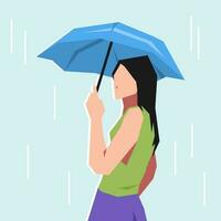 jovem menina segurando a guarda-chuva. clima conceito, calor aceno, chuva, equipamento. desenho animado plano vetor ilustração.