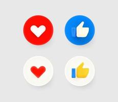 polegar para cima e botões 3d de reação de mídia social de coração vetor