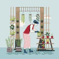 mulher jardineira plantando conceito de jardim doméstico vetor