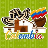 igreja com chapéu em grão de café e pôster da bandeira da Colômbia