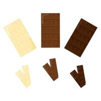 conjunto de barras de chocolate isoladas no fundo branco leite branco e vetor de coleta de pedaços de chocolate escuro