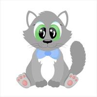 desenho animado gato personagem fofo fofo gatinho cinza com olhos grandes está sentado e sorrindo engraçado ilustração vetorial de animal de estimação vetor