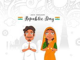 indiano homem e mulher dizendo namaste com famoso monumentos do Índia em branco floral Projeto fundo para Dia 26 janeiro, república dia. vetor