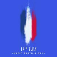 14º julho, feliz bastilha dia poster Projeto com eiffel torre monumento e borrado França tricolor efeito em azul fundo. vetor