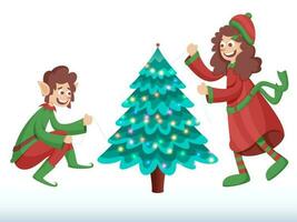 alegre duende e menina decorado natal árvore a partir de iluminação festão em branco fundo. vetor