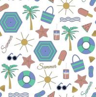 padrão de verão sem costura colorido com elementos de praia, como óculos de sol, palmito melancia, saco de sorvete, ondas de guarda-chuva chinelos e ilustração vetorial de concha vetor