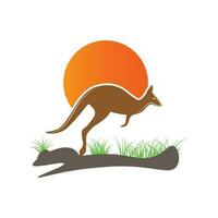 canguru pulando logotipo modelo vetor ilustração com Sol ícone e corrida em grama.