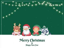 alegre Natal e Novo ano conceito com desenho animado santa Papai Noel, rena, duende, guaxinim personagem em verde e branco fundo. vetor