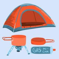 acampamento viagem barraca e gás fogão equipamento desenho animado vetor ilustração. gráfico Projeto