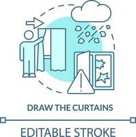desenhar cortinas turquesa conceito ícone. ficando seguro durante chuva de granizo abstrato idéia fino linha ilustração. fechar cortinas. isolado esboço desenho. editável acidente vascular encefálico vetor