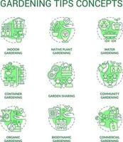jardinagem dicas verde conceito ícones definir. plantar Cuidado. plantio e crescendo flores idéia fino linha cor ilustrações. isolado símbolos. editável acidente vascular encefálico vetor