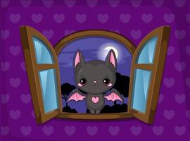 Mascote morcego fofo na janela paisagem noturna vetor