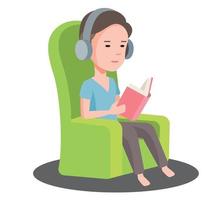 um jovem fica em casa e ouve música com fone de ouvido enquanto lê um livro no sofá vetor