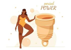 menstrual copo e afro-americano mulher. período poder conceito. vetor