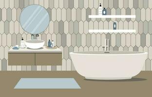 moderno banheiro com mobiliário. acolhedor banheiro interior dentro pastel cores. vetor ilustração dentro plano estilo