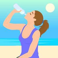 mulher está bebendo água de uma garrafa de plástico vetor