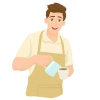 homem barista sorrindo, segurando um coador e oferecendo uma xícara de café