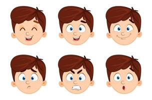 expressões faciais de menino bonito conjunto de seis emoções vetor