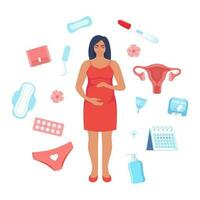 mulher saúde conceito. gravidez, menstruação, período, fêmea útero, reprodutivo sistema. grávida mulher, gravidez teste, tampão, calendário, útero, almofadas, menstrual xícara, calça. vetor ilustração.