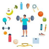 homem fazendo barra exercício. ícones do saudável comida, legumes e Esportes equipamento para diferente Esportes por aí ele. saudável estilo de vida conceito. vetor ilustração.