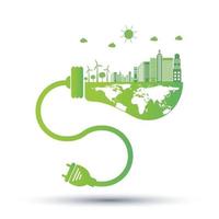 Ecologia e conceito ambiental símbolo da terra com folhas verdes ao redor das cidades ajudam o mundo com ideias ecológicas vetor