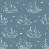 desatado padrão, branco mar enviar, fragata, caravela com gaivotas em uma azul fundo. marinho fundo, linha arte, vetor