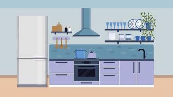 cozinha interior móveis talheres utensílios de mesa cozinha ilustração plana vetor