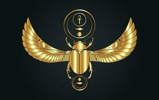 ouro egípcio sagrado escaravelho parede arte Projeto. besouro com asas. vetor ilustração dourado logotipo, personificando a Deus khepri. luxo símbolo do a antigo egípcios. isolado em Preto fundo