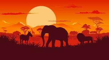 africano pôr do sol panorama com animais silhuetas vetor