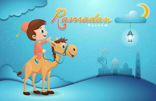 Garoto muçulmano equitação em camelo às Ramadã mês, Ramadã kareem elementos vetor