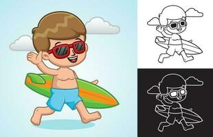 vetor desenho animado do pequeno Garoto com oculos de sol carregando prancha de surfe