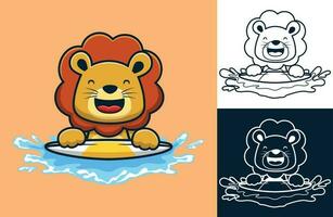 vetor ilustração do desenho animado engraçado leão com prancha de surfe em água