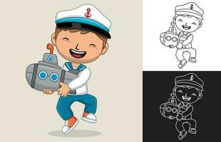 vetor ilustração do desenho animado Garoto dentro marinheiro uniforme segurando submarino brinquedo