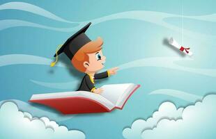 desenho animado do feliz Garoto dentro graduação uniforme vôo com livro perseguindo diploma em azul céu vetor