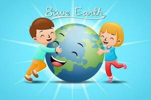 desenho animado crianças abraçando engraçado terra globo vetor
