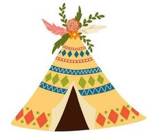 nativo americano tenda barraca. crianças wigwam barraca com flores e penas. indiano barraca plano desenho animado vetor ilustração isolado em a branco fundo.